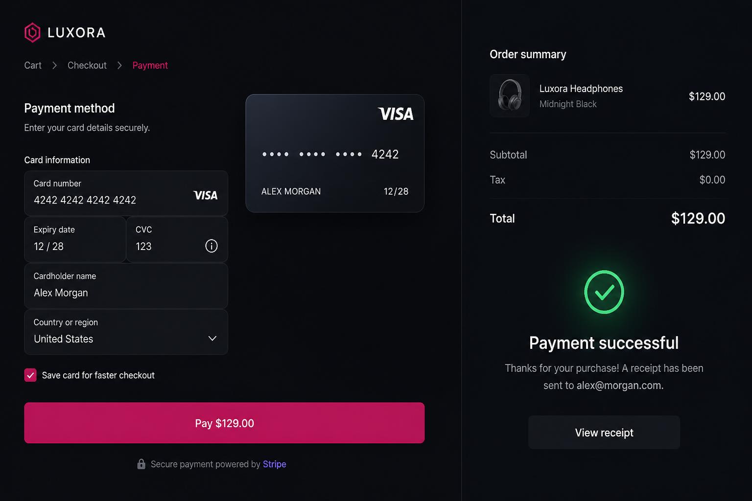 Checkout com pagamento via Stripe